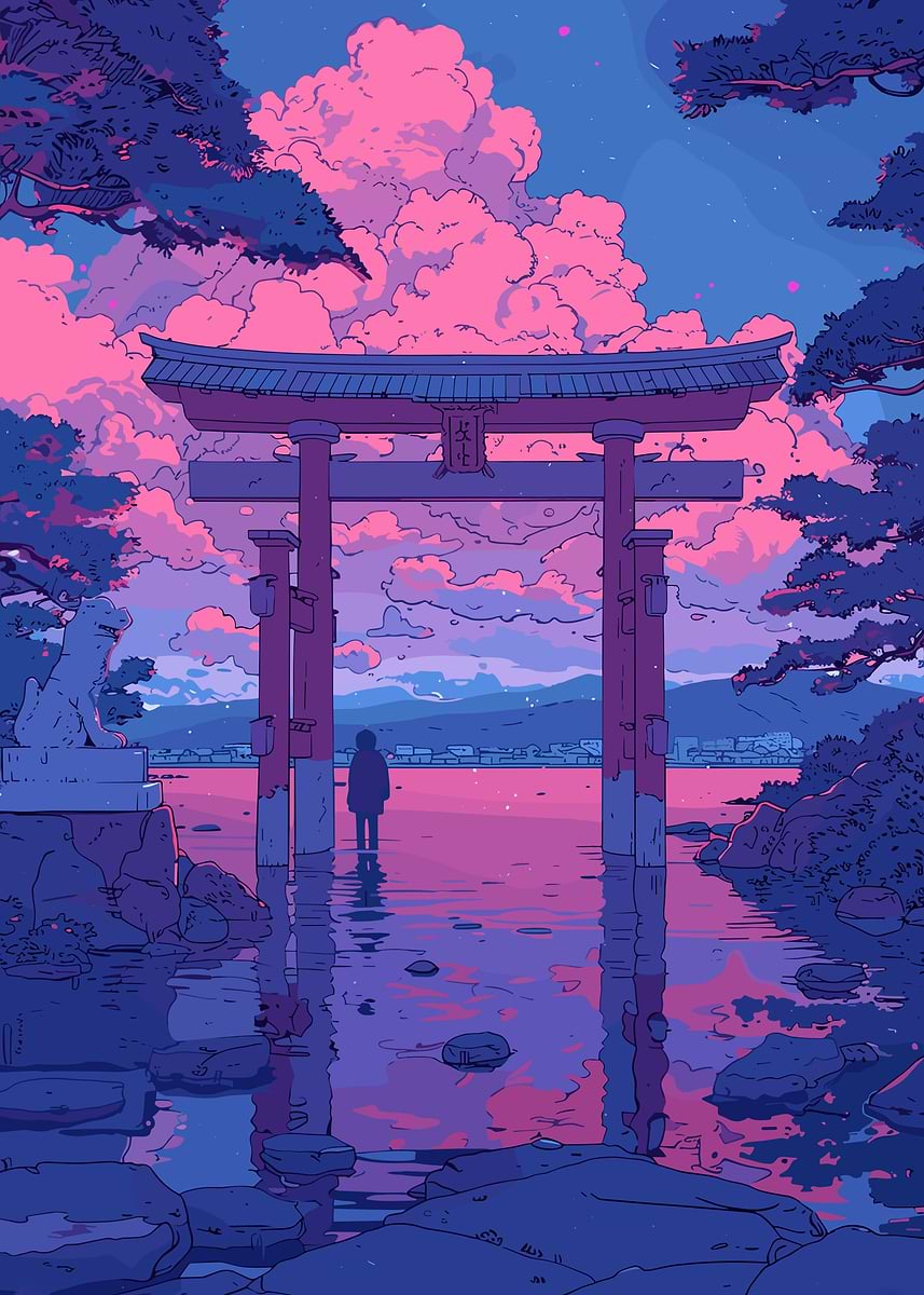 ポスター絵画ART イラスト　 GATE by mangadelic Torii Gate Lofi Pink Retro' Poster, picture, metal print, paint by