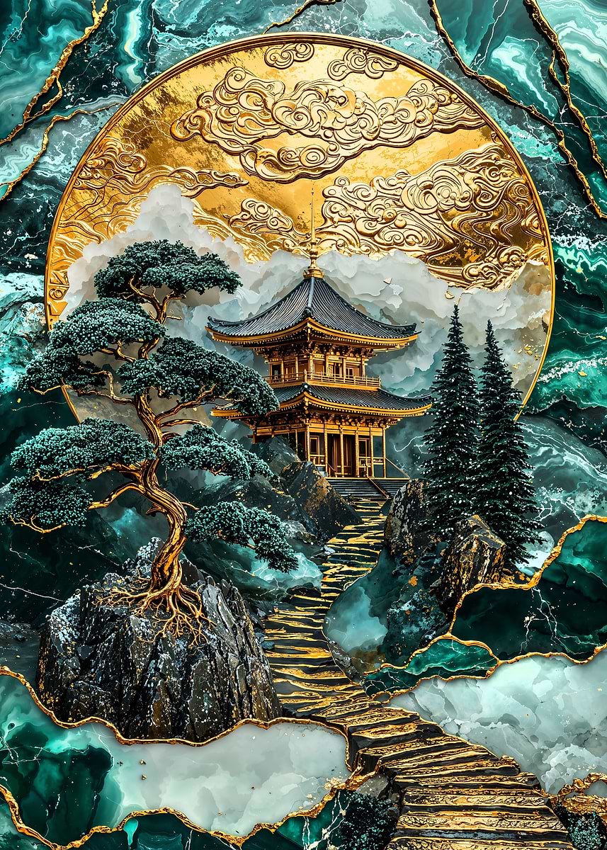 Kintsugi Mountain Shrine — from the Abstract Nature Kintsugi collection, a Pixaverse metal print