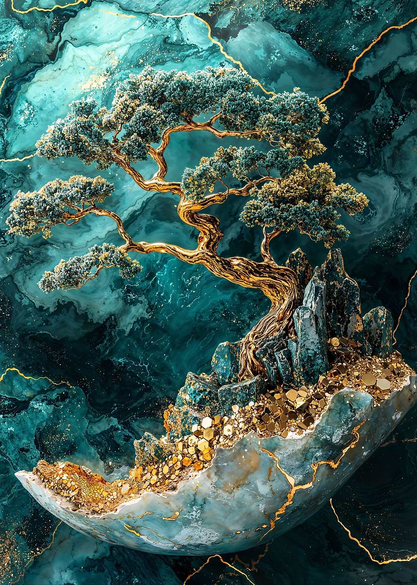 Crystal Realm Bonsai Tree — from the Abstract Nature Kintsugi collection, a Pixaverse metal print