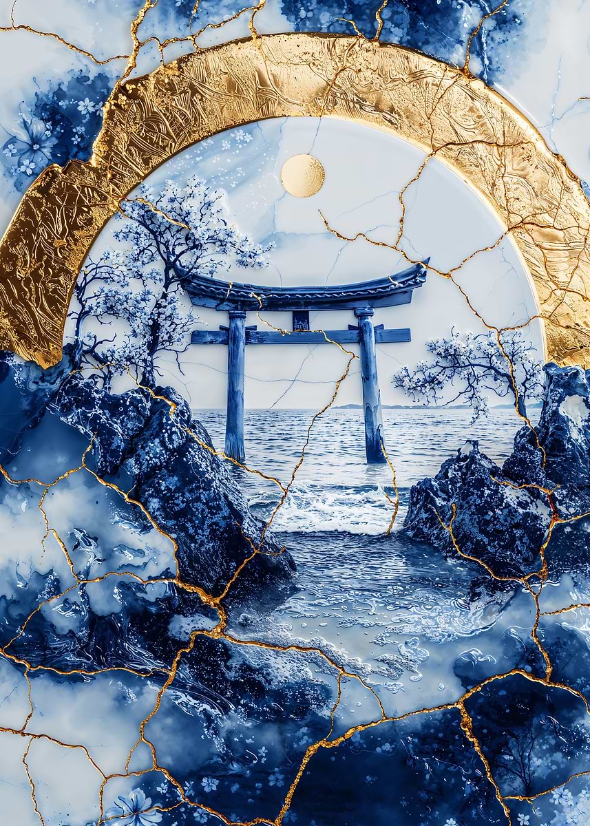 Kintsugi Seascape Serenity — from the Vintage Porcelain Kintsugi collection, a Pixaverse metal print