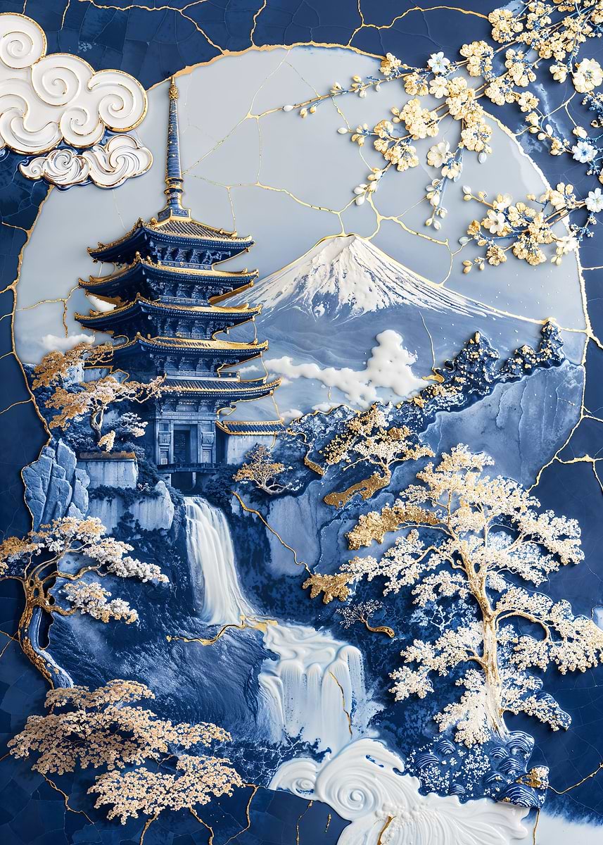 Porcelain Fuji Temple Art — from the Vintage Porcelain Kintsugi collection, a Pixaverse metal print