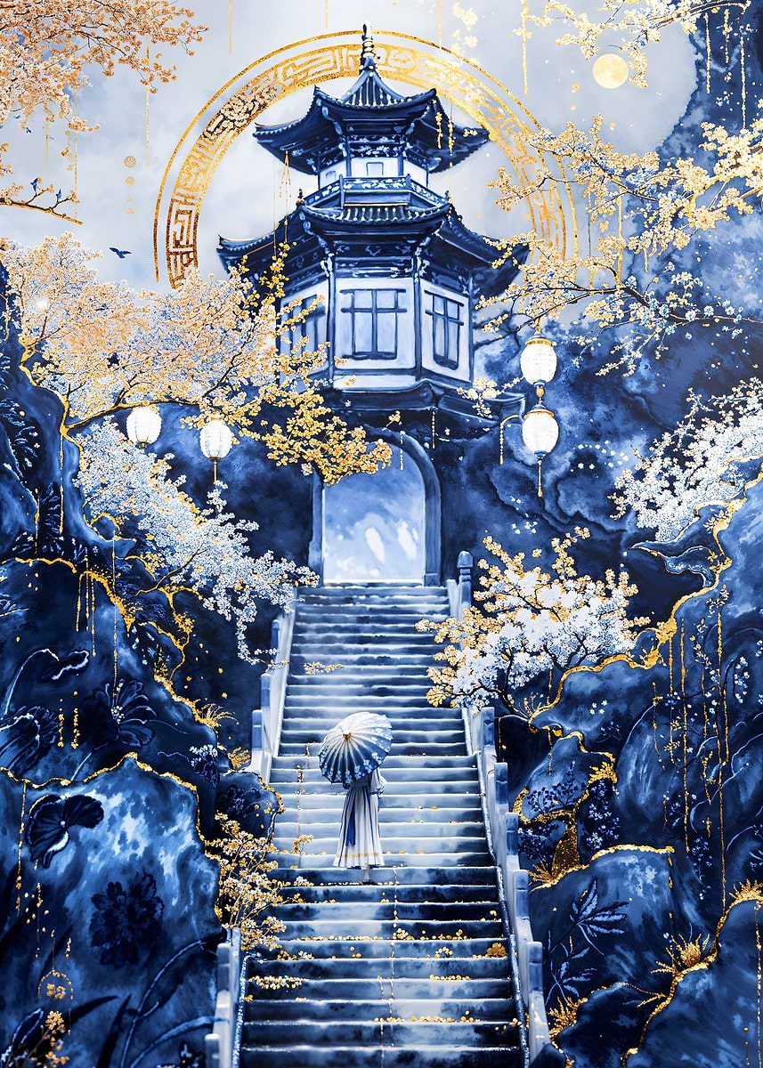 Moonlit Temple Ascent — from the Vintage Porcelain Kintsugi collection, a Pixaverse metal print