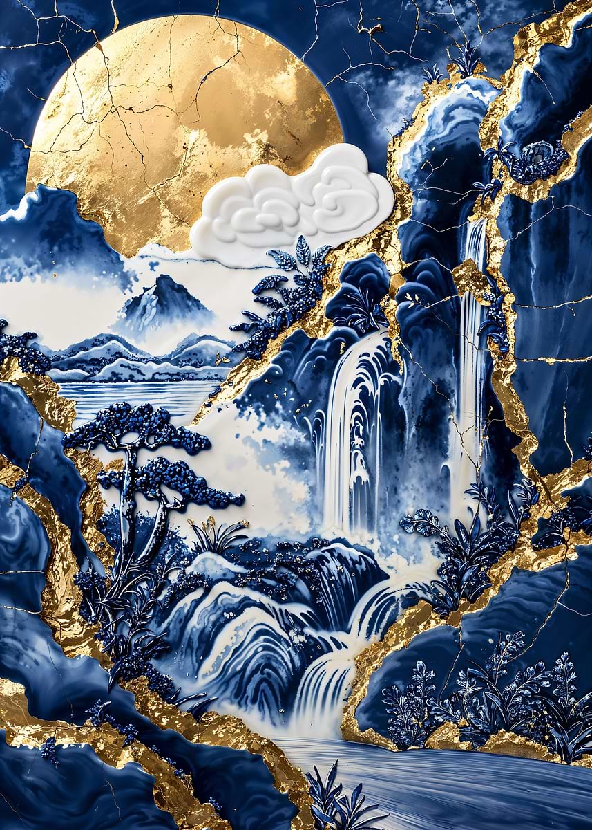 Golden Jungle Porcelain — from the Vintage Porcelain Kintsugi collection, a Pixaverse metal print