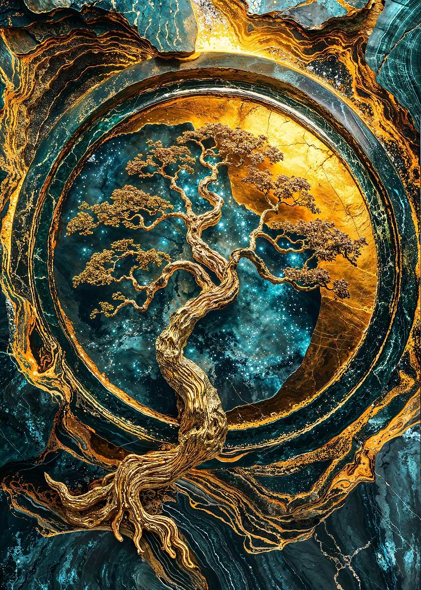 Golden Tree of Serenity — from the Abstract Nature Kintsugi collection, a Pixaverse metal print