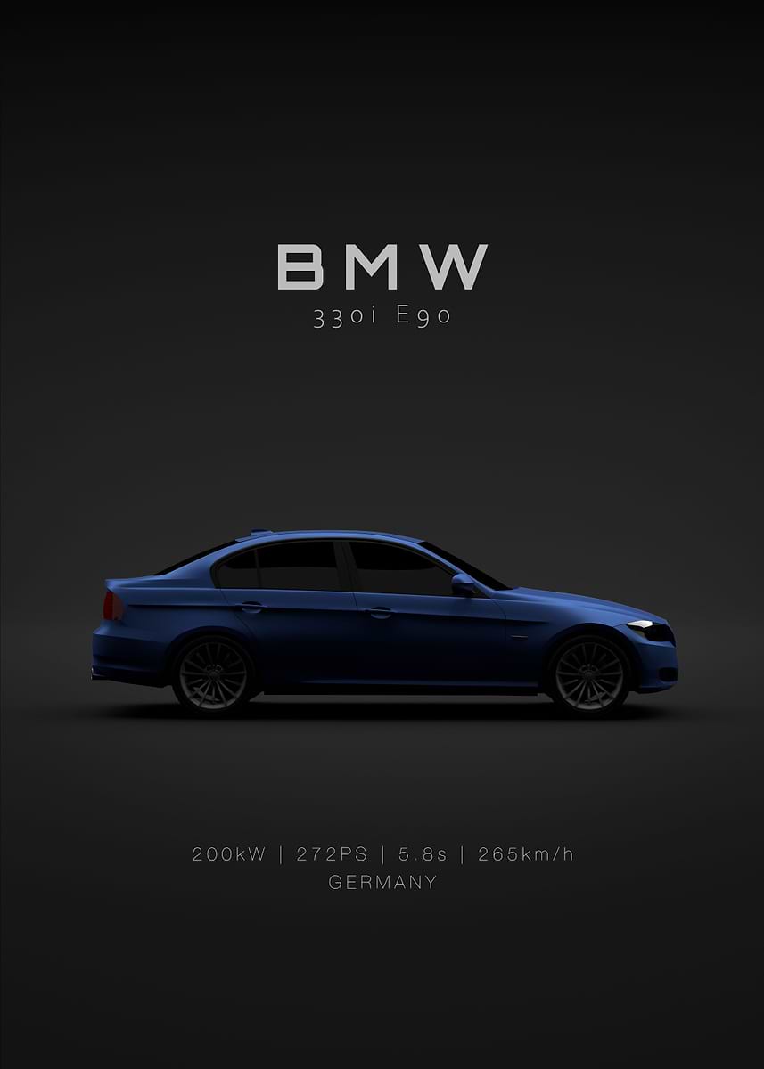  3シリーズ E90 ポスター　デザイナー Blue BMW 330i e90 Specs' Poster, picture, metal print, paint by 21