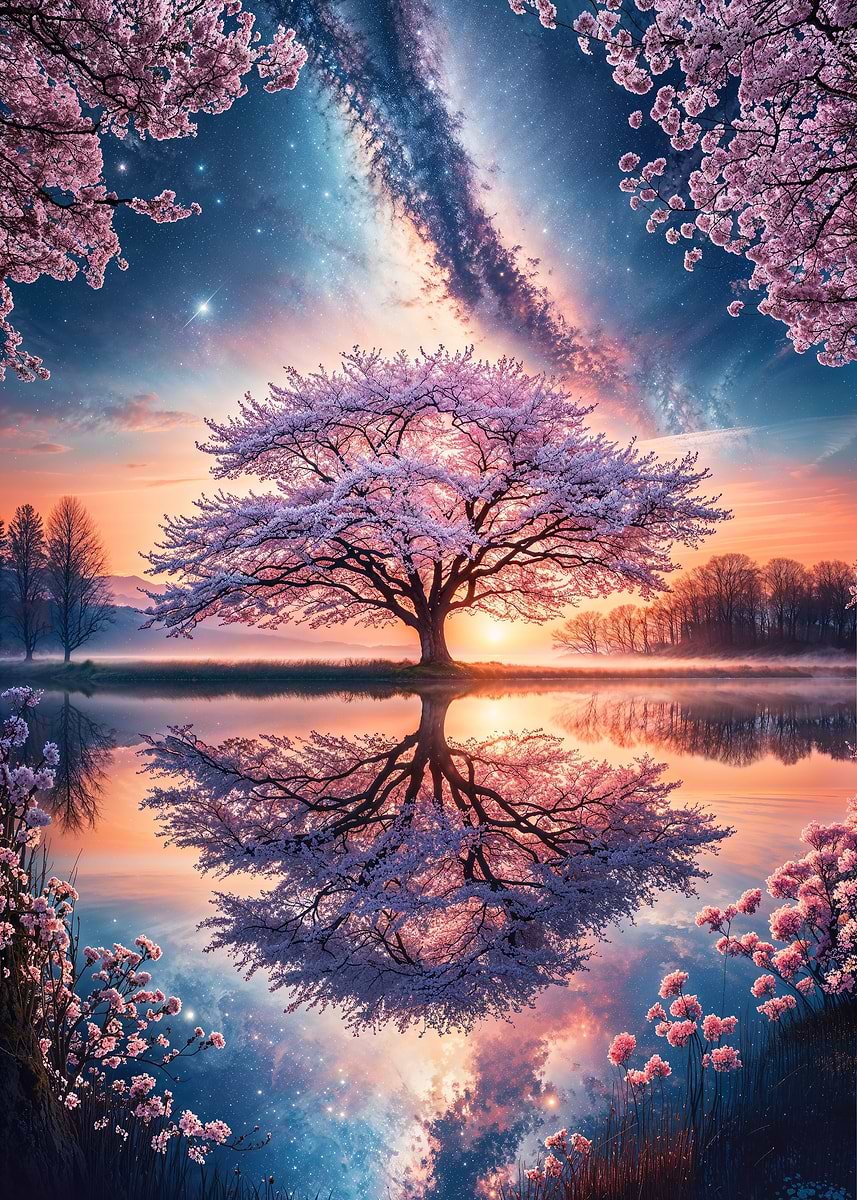 Starlit Sakura Sanctuary — from the Galactic Garden collection, a Pixaverse metal print