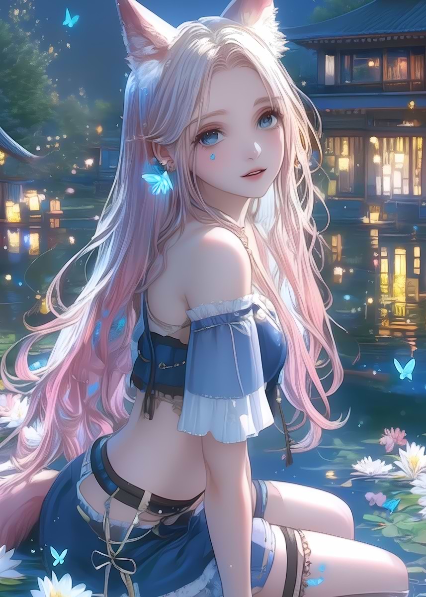 Moonlit Fox Eared Girl' Poster, picture, metal print, paint by