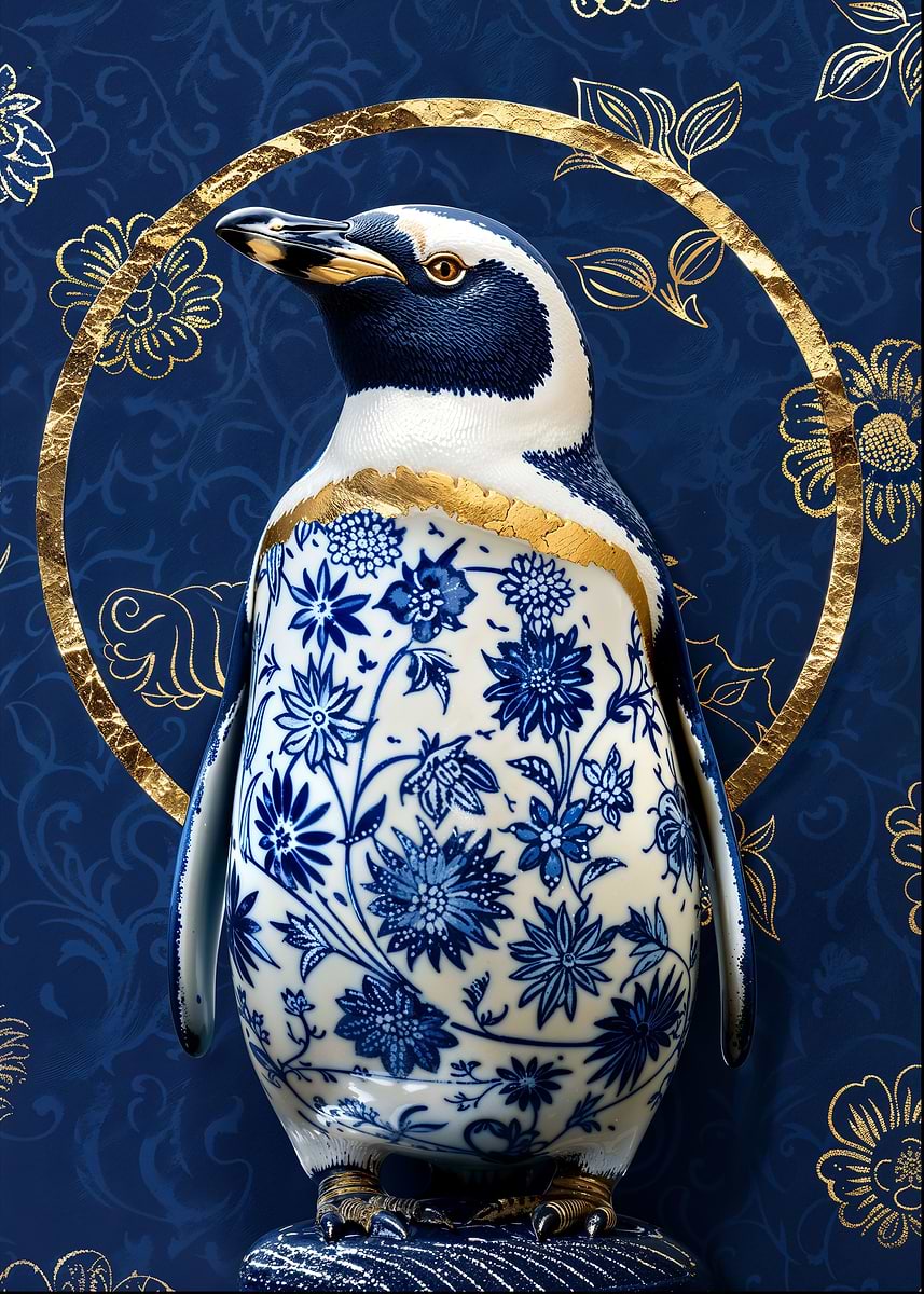 Porcelain Penguin Kintsugi — from the Vintage Porcelain Kintsugi collection, a Pixaverse metal print
