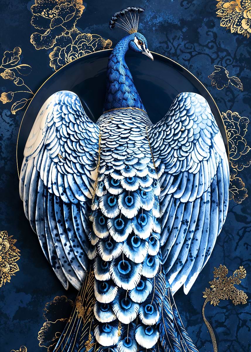 Porcelain Peacock Art — from the Vintage Porcelain Kintsugi collection, a Pixaverse metal print