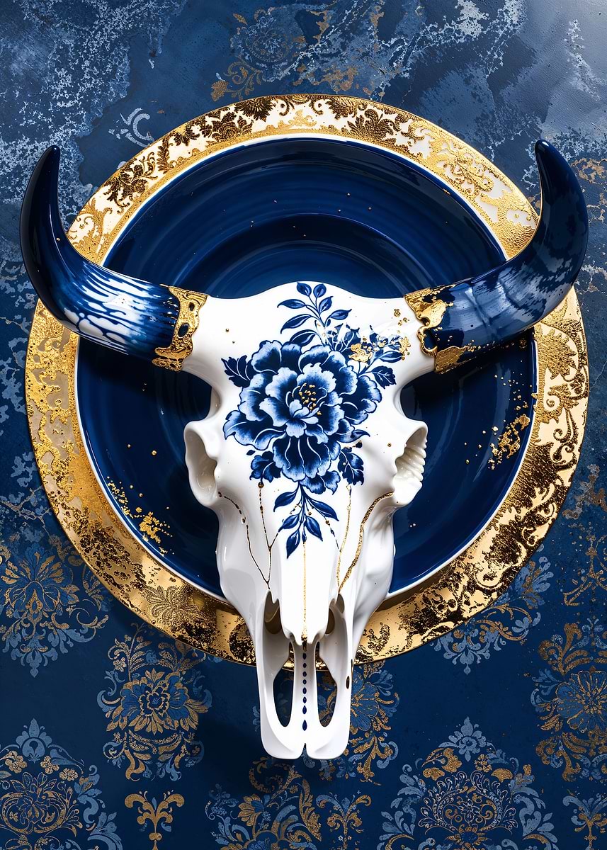 Porcelain Kintsugi Skull — from the Vintage Porcelain Kintsugi collection, a Pixaverse metal print