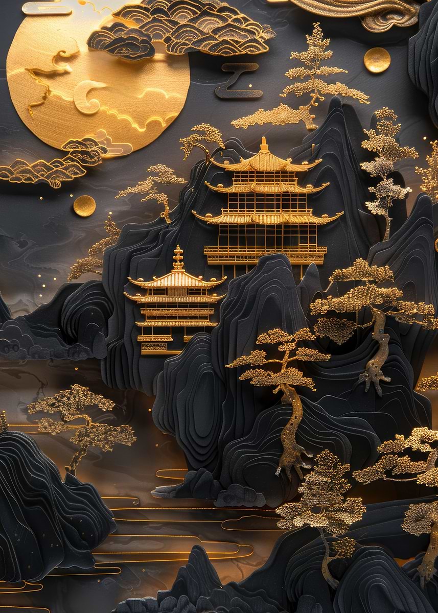 3D Relief Japanese Scenery' Poster, picture, metal print, paint by