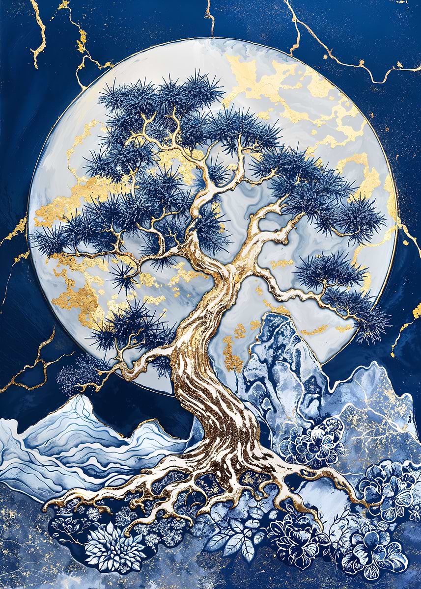 Golden Tree of the Moon — from the Vintage Porcelain Kintsugi collection, a Pixaverse metal print