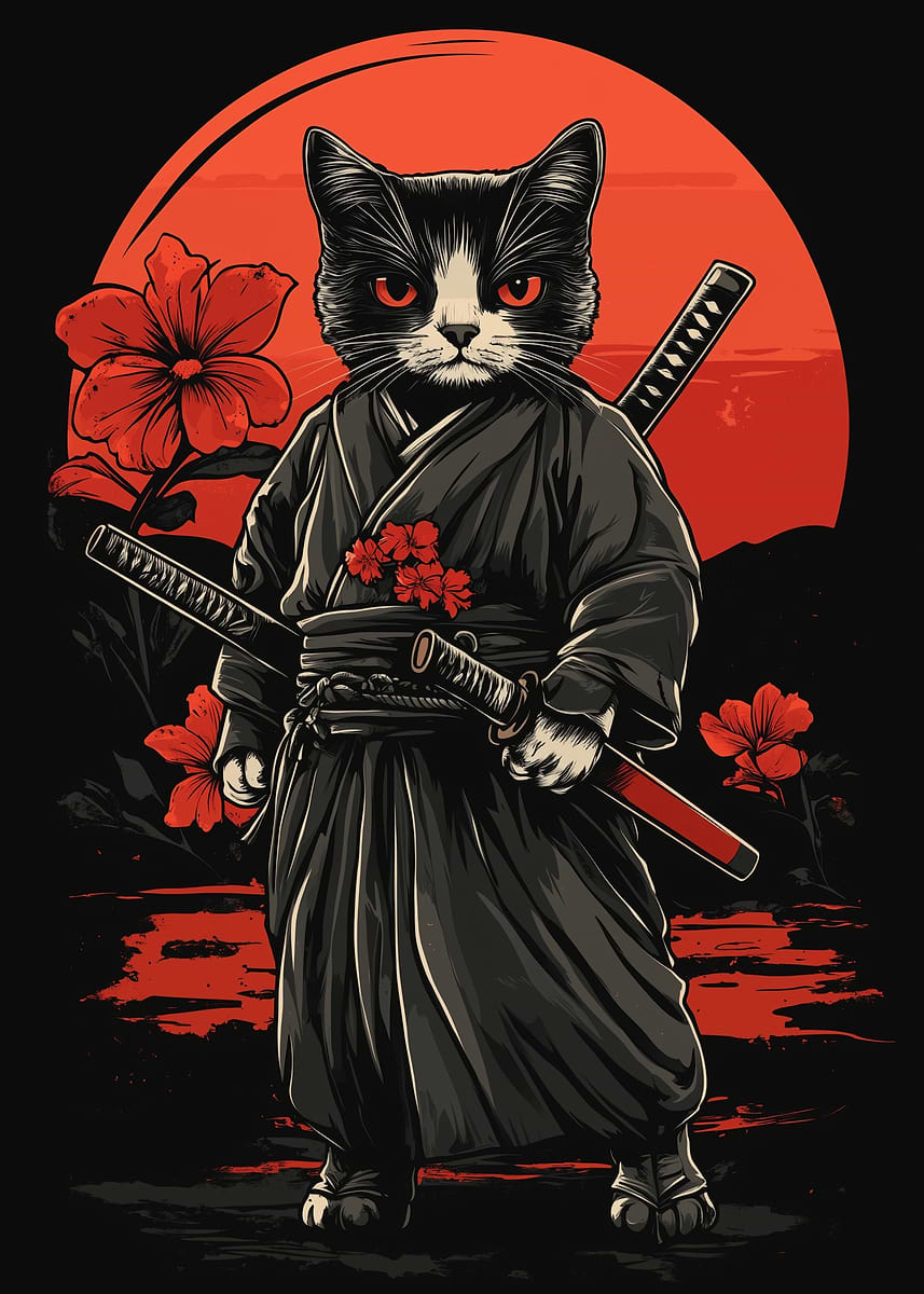 Japanese Samurai cat ' Poster, picture, metal print, paint by