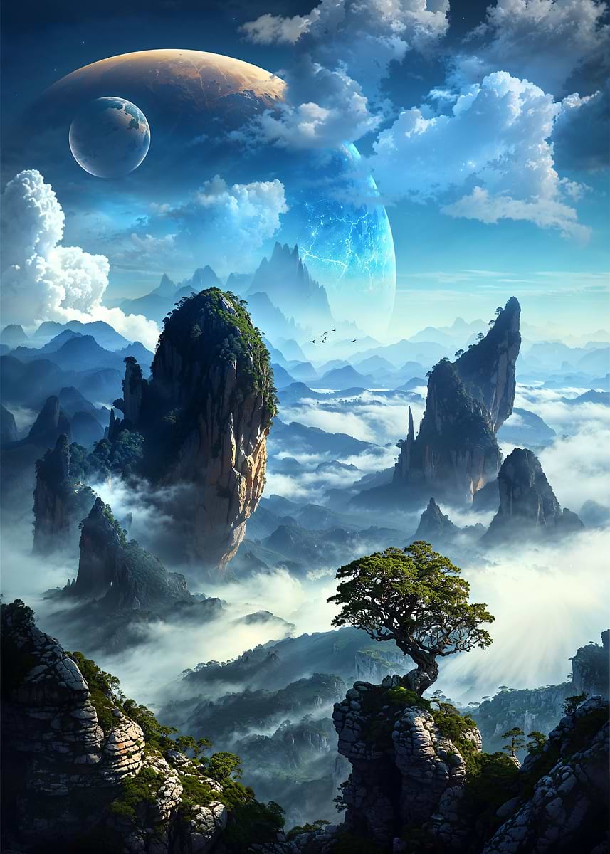 Skyborne Peaks Horizon — from the Alien Worlds collection, a Pixaverse metal print
