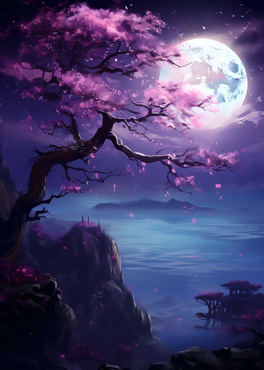 Cherry Blossom Moonlight' Poster, picture, metal print, paint by