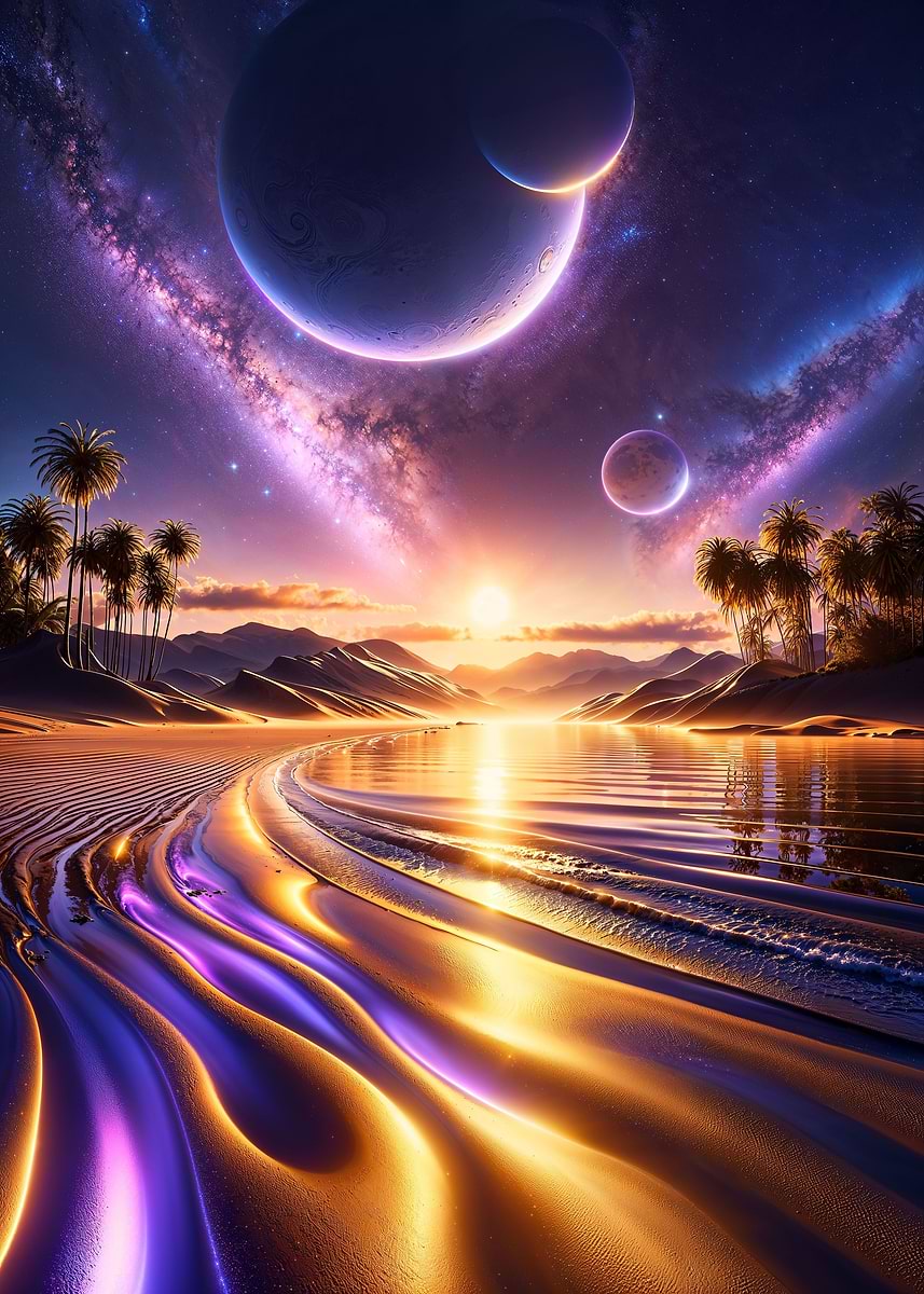 Celestial Shores — from the Alien Worlds collection, a Pixaverse metal print