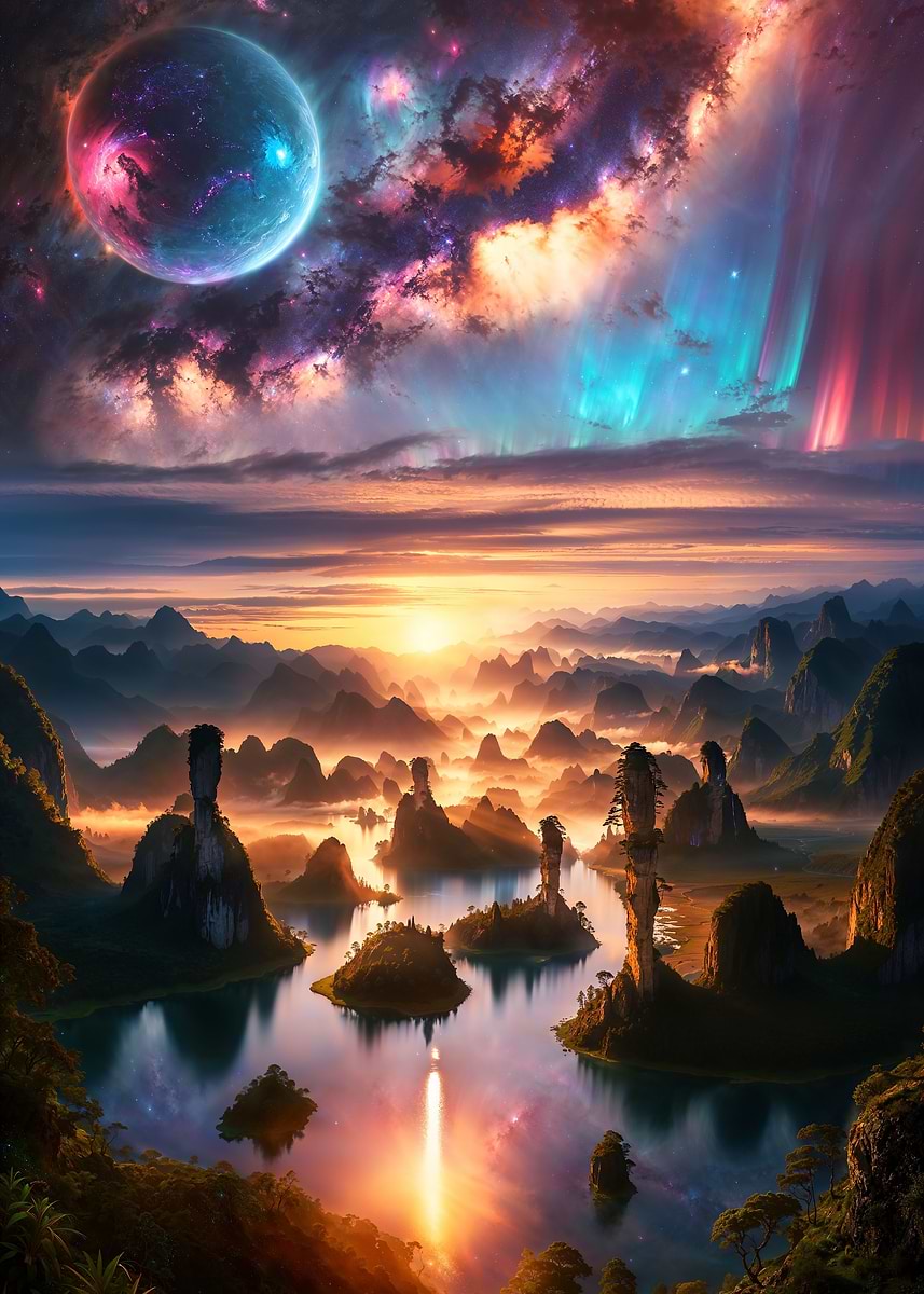 Celestial Dreamscape Dawn — from the Alien Worlds collection, a Pixaverse metal print