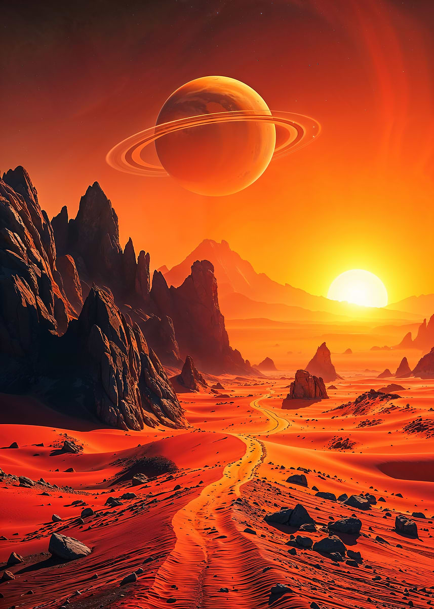 Crimson Horizons Call — from the Alien Worlds collection, a Pixaverse metal print