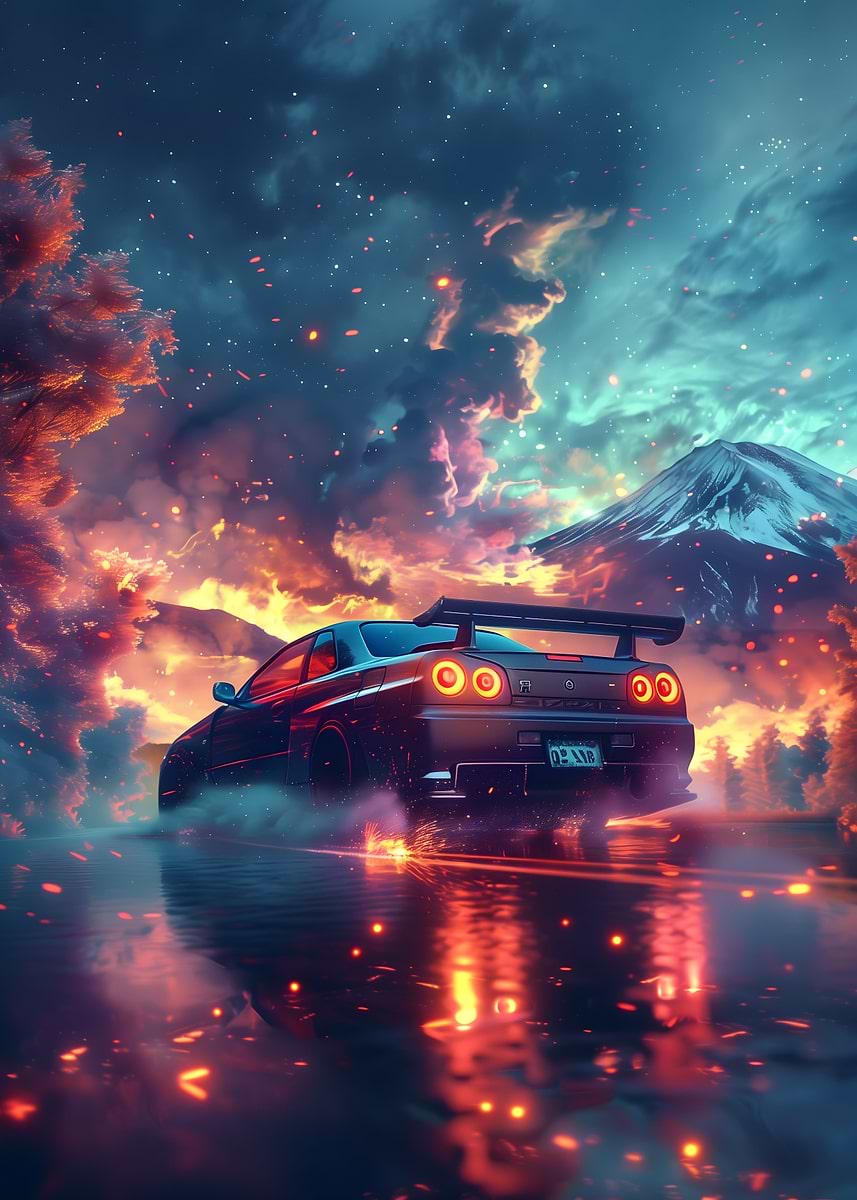 Nissan R34 Red Lava Glow' Poster, picture, metal print, paint by