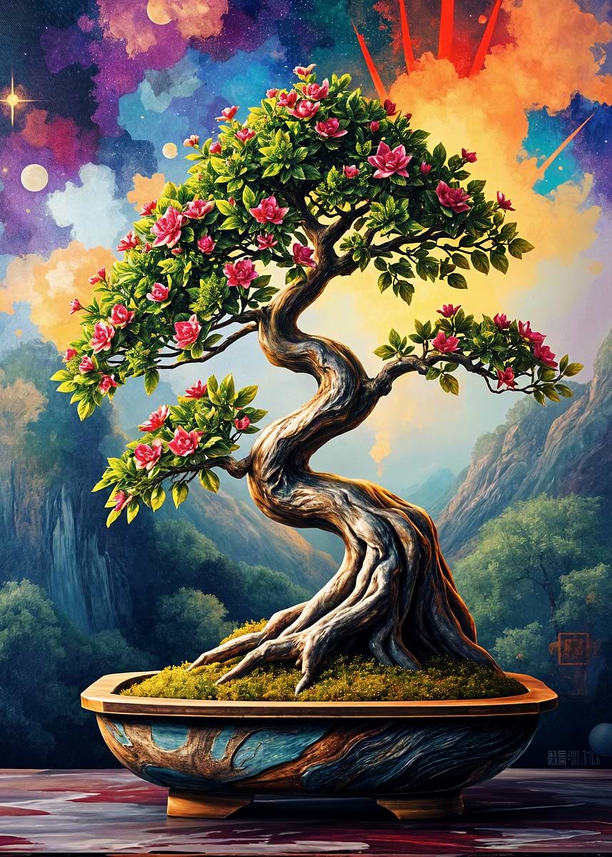 Bonsai Tree with Cosmic Background' Poster, picture, metal print