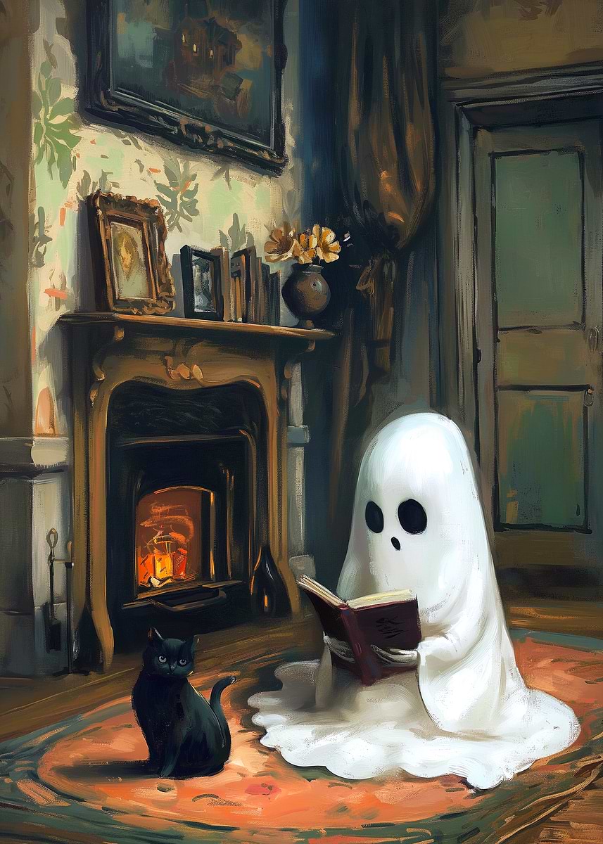 Spooky Ghost Reading by Fireplace' Poster, picture, metal print