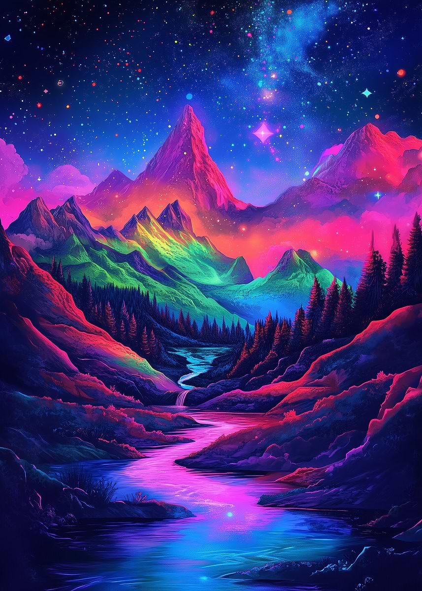 Neon Mountain Landscape' Poster, picture, metal print, paint by