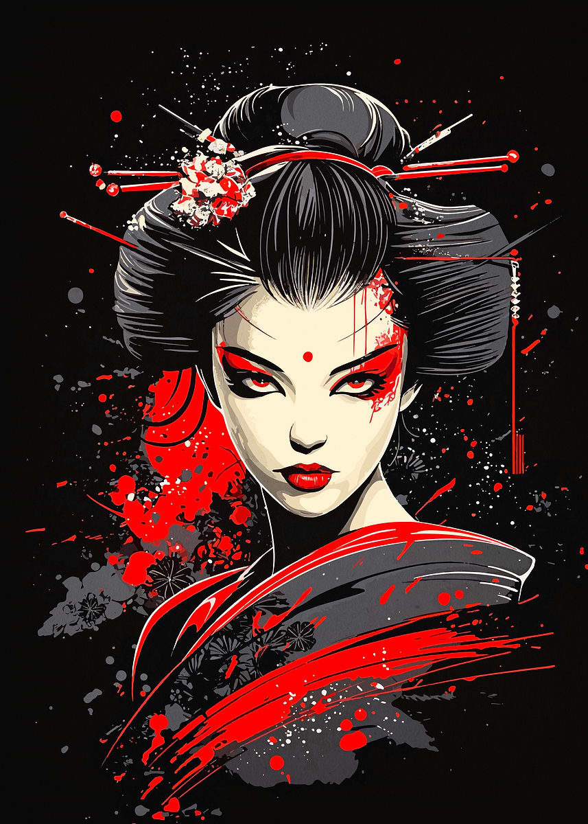 Geisha with Red Splashes' Poster, picture, metal print, paint by