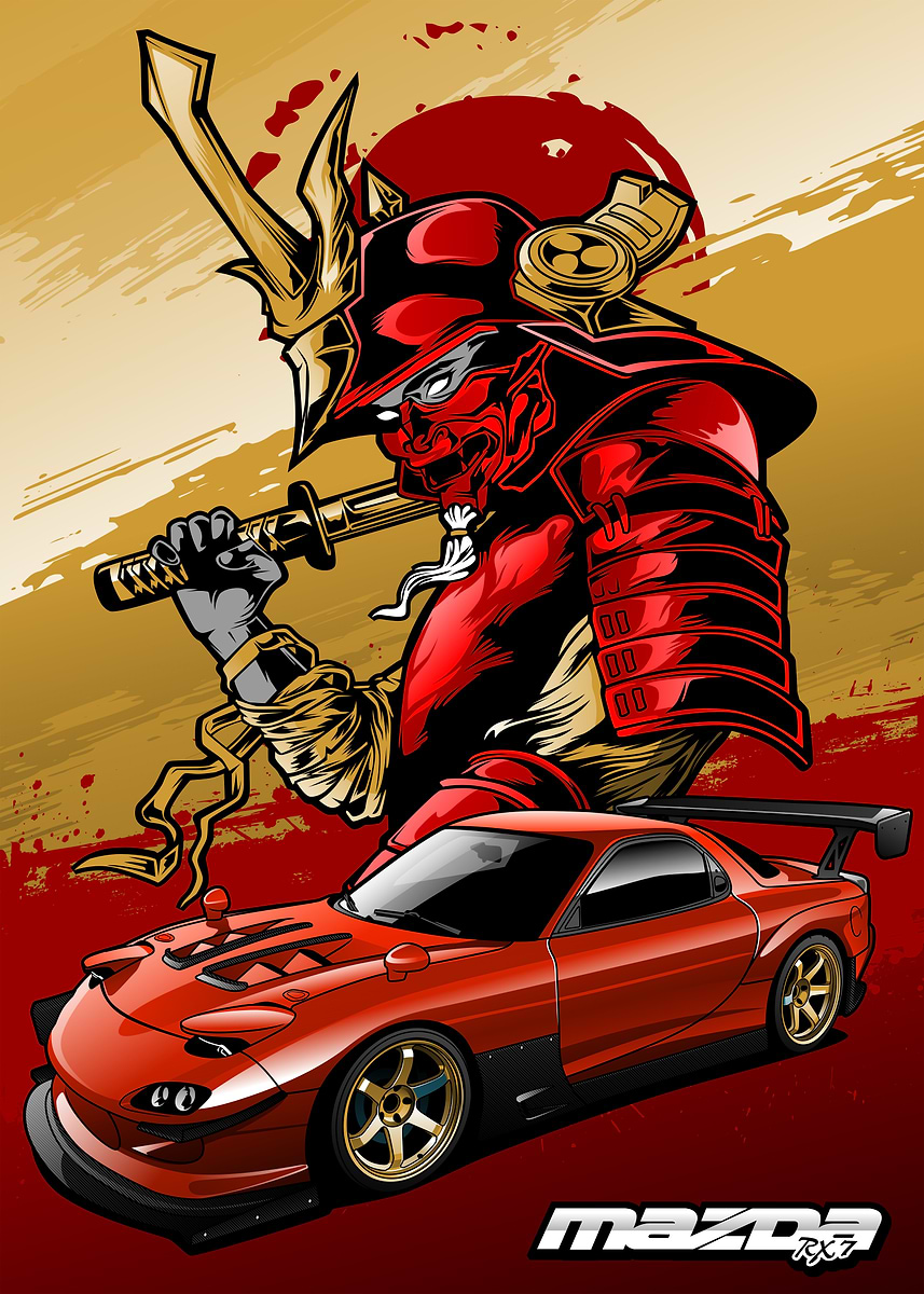 Samurai & Mazda RX7' Poster, picture, metal print, paint by Naso