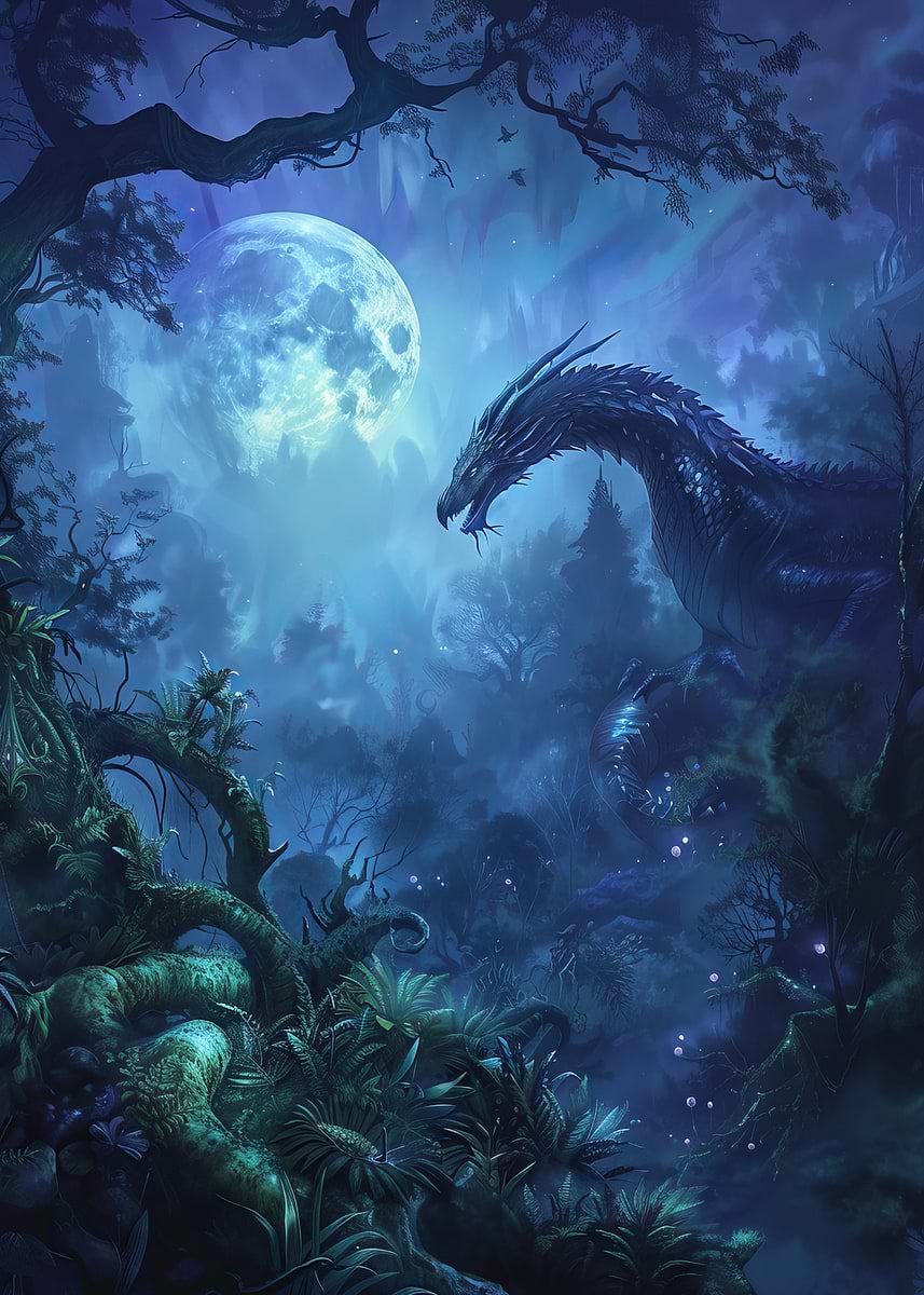 'Dragon in Moonlight Forest' Poster, picture, metal print, paint by ...