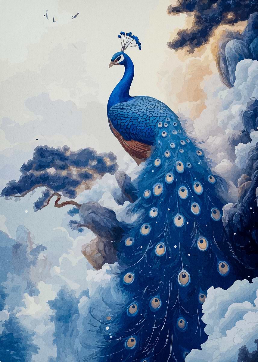 Peacock in Clouds' Poster, picture, metal print, paint by Maxwell
