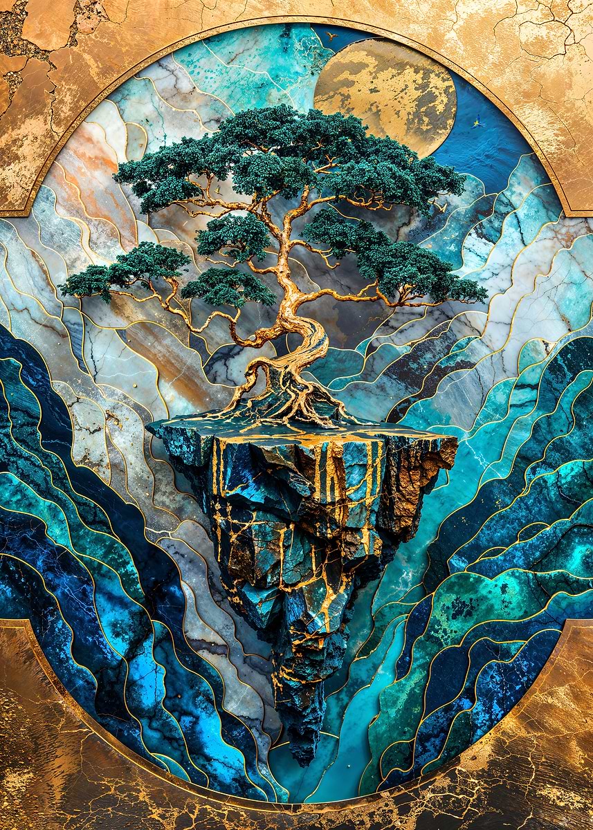 Floating Island Paradise Kintsugi Art — from the Abstract Nature Kintsugi collection, a Pixaverse metal print