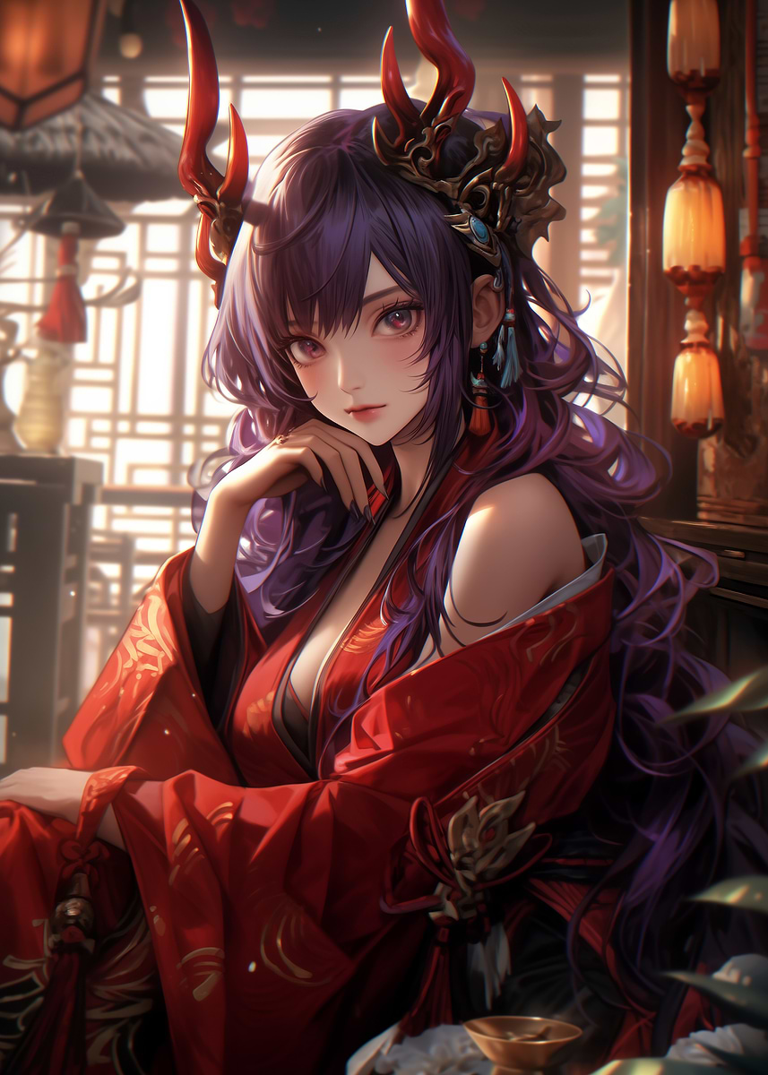 Anime Girl in Red Kimono' Poster, picture, metal print, paint by