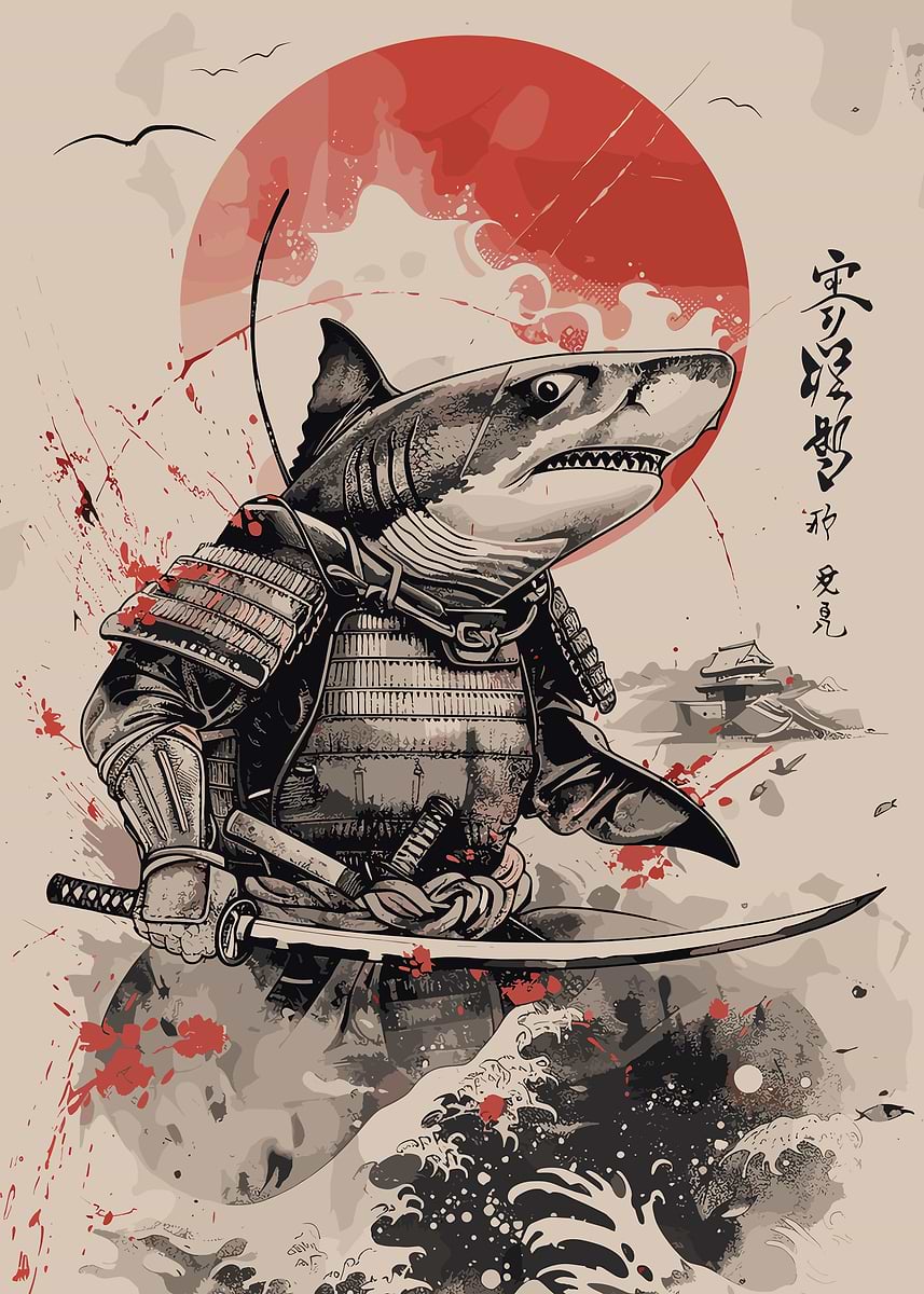 Samurai Shark' Poster, picture, metal print, paint by Erick Sato