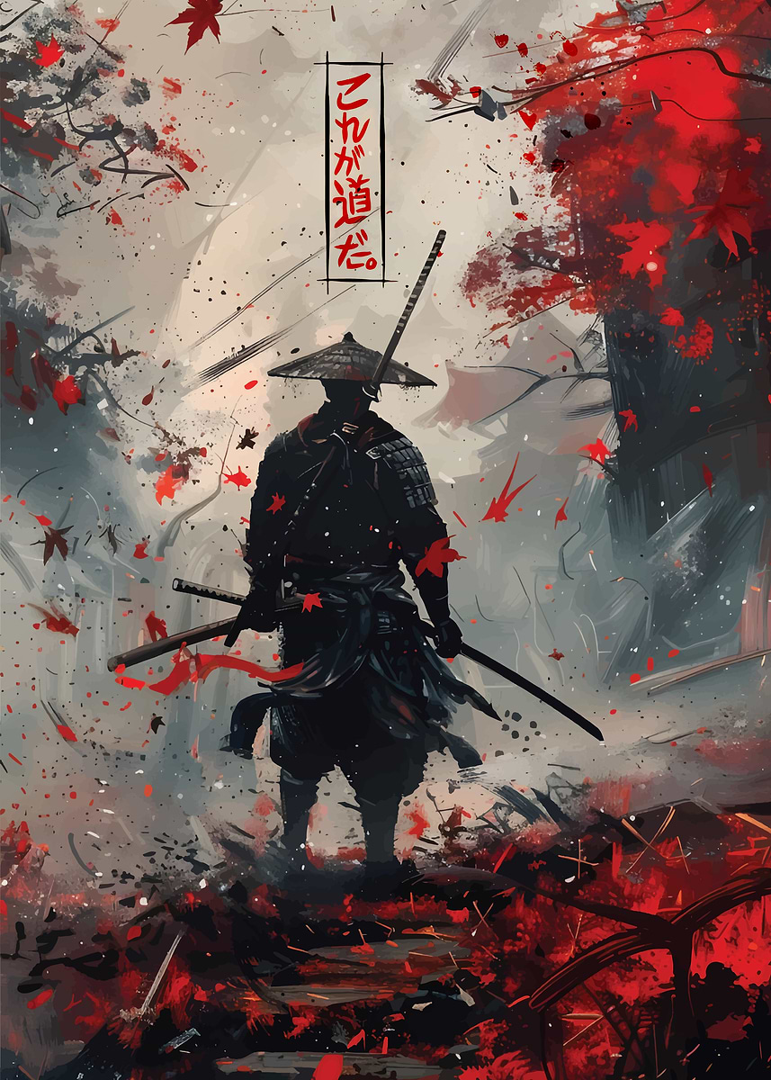 Samurai in Red Leaves' Poster, picture, metal print, paint by ALEX