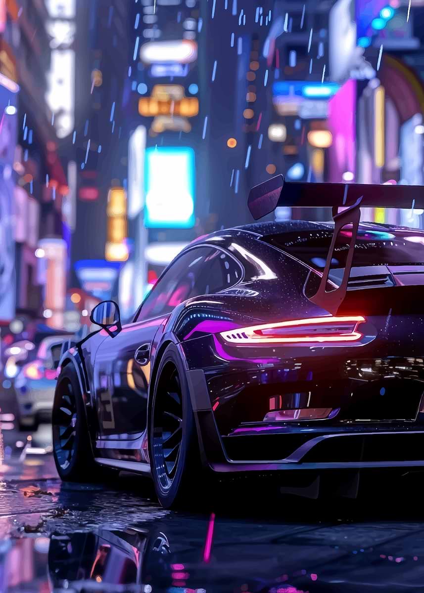 Black Sports Car in Neon City' Poster, picture, metal print, paint