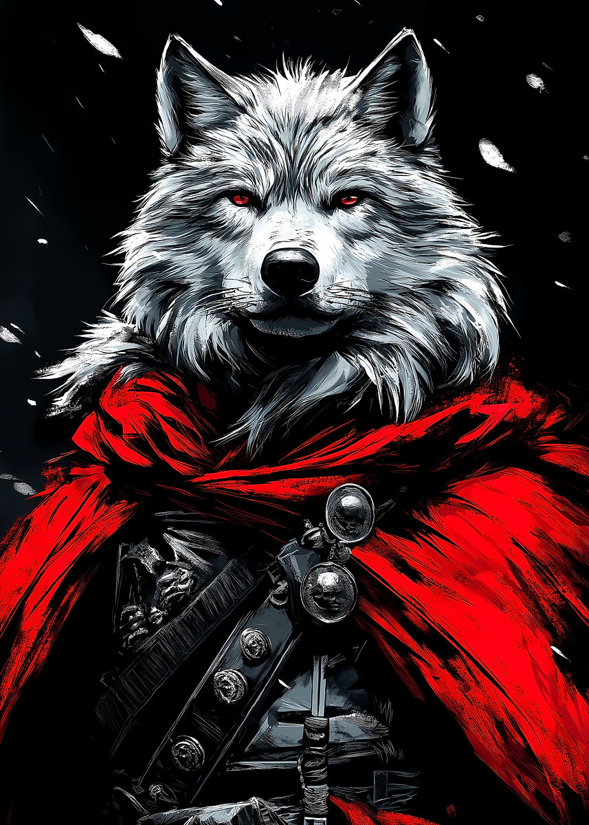 White Wolf with Red Cape' Poster, picture, metal print, paint by