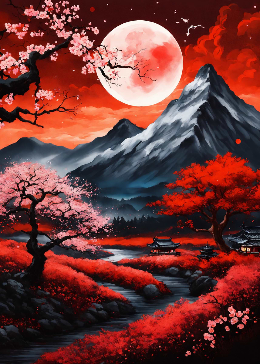 Red Moon Japanese Landscape' Poster, picture, metal print, paint