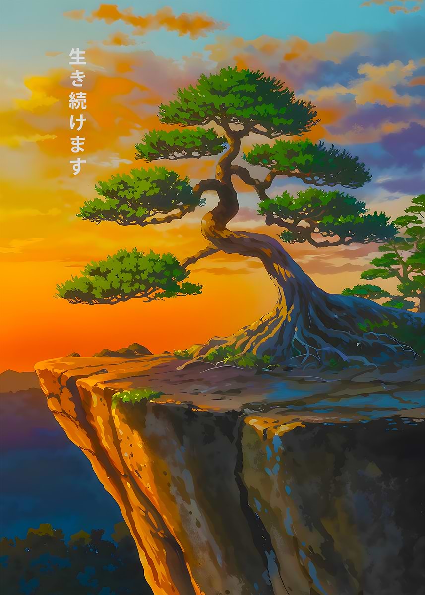 Bonsai Tree Cliff Sunset' Poster, picture, metal print, paint by