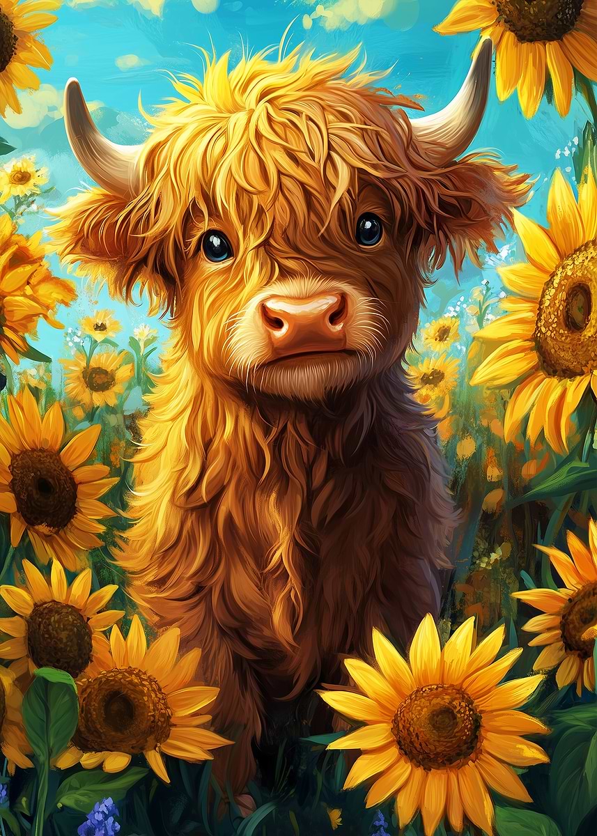 Baby Highland Cow In Sunflower Field Poster Picture Metal Print baby-highland-cow-in-sunflower-field-poster-picture-metal-print