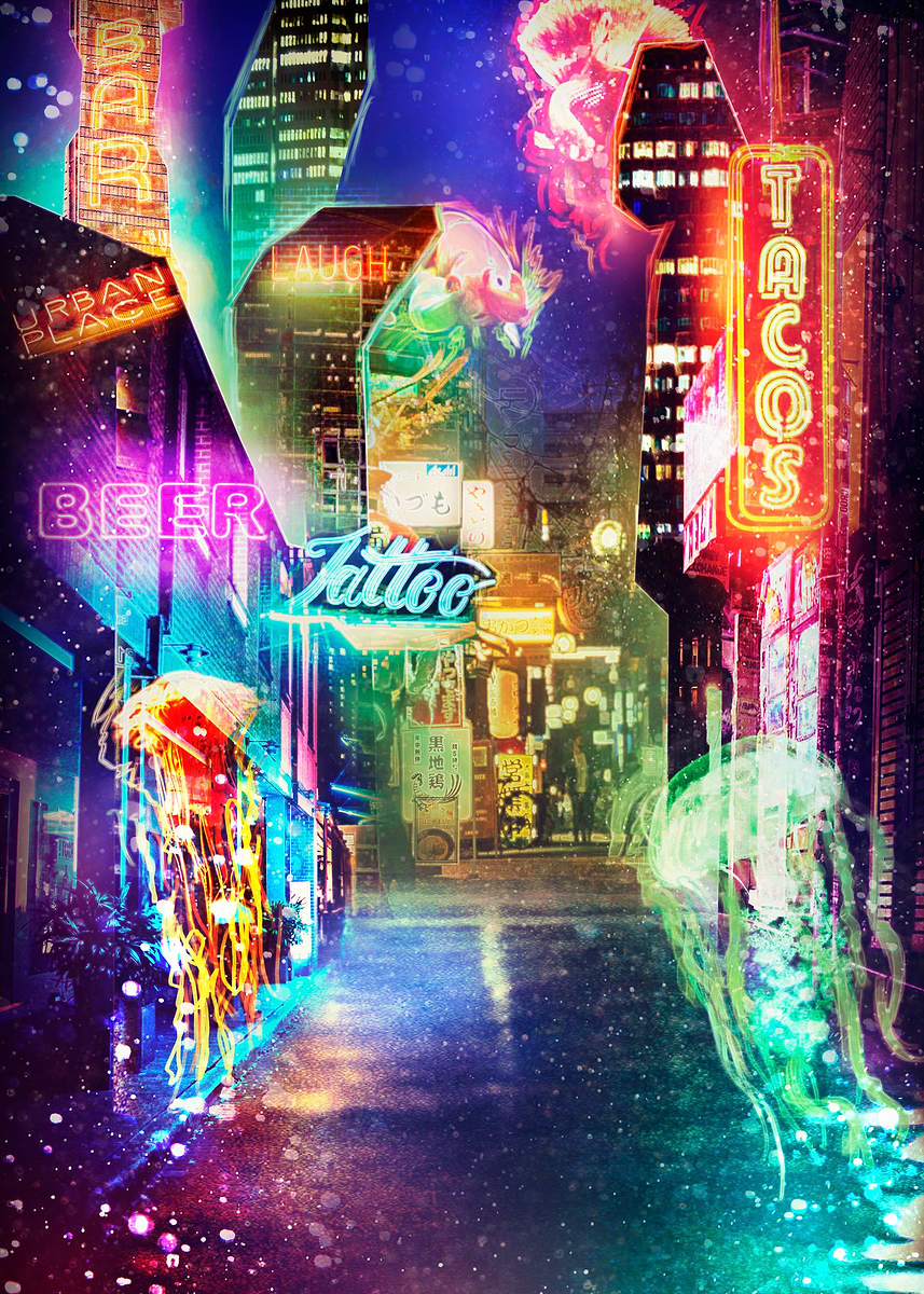 Neon Cityscape Jellyfish' Poster, picture, metal print, paint by