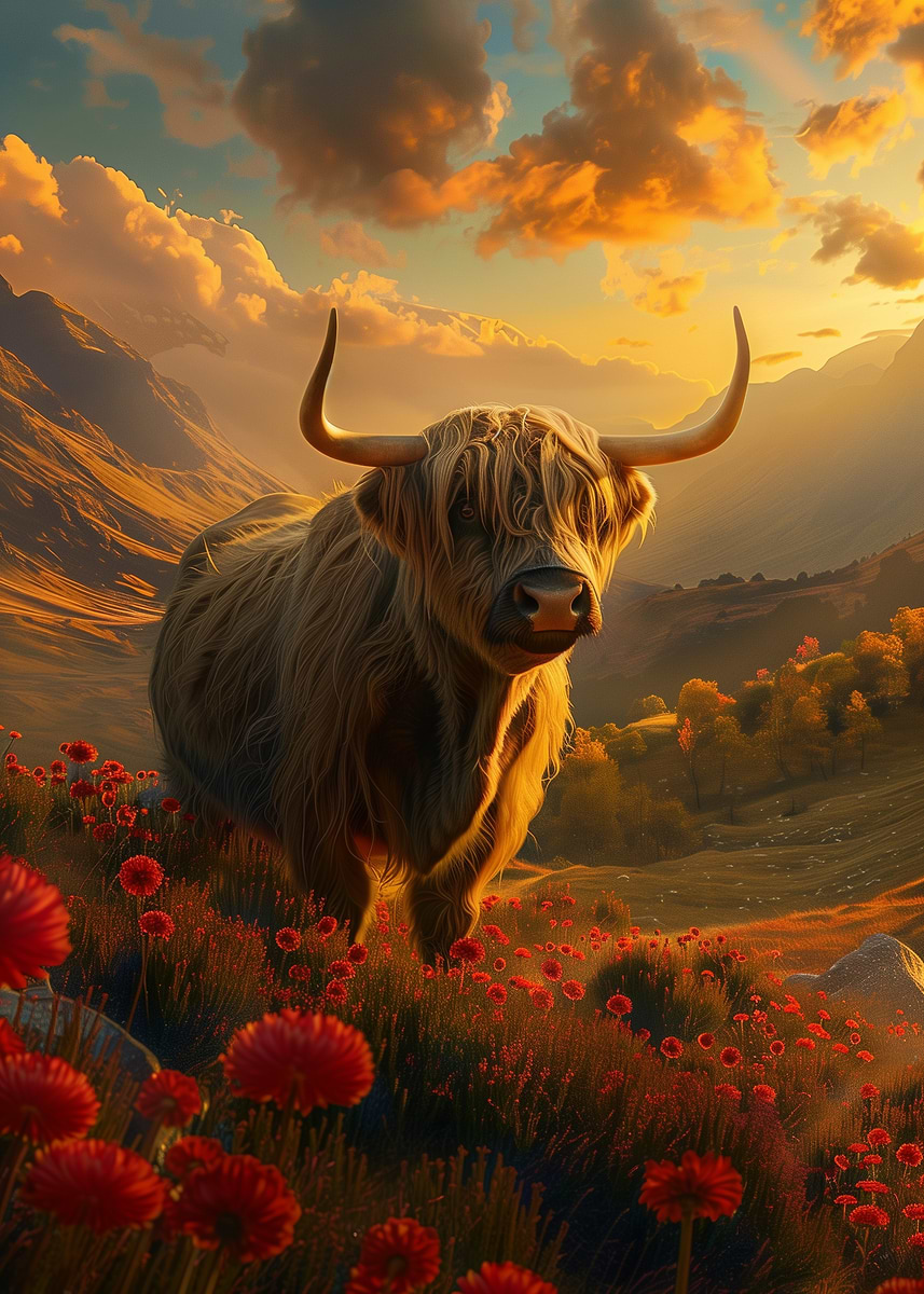 'Highland Cow Sunset' Poster, picture, metal print, paint by ...