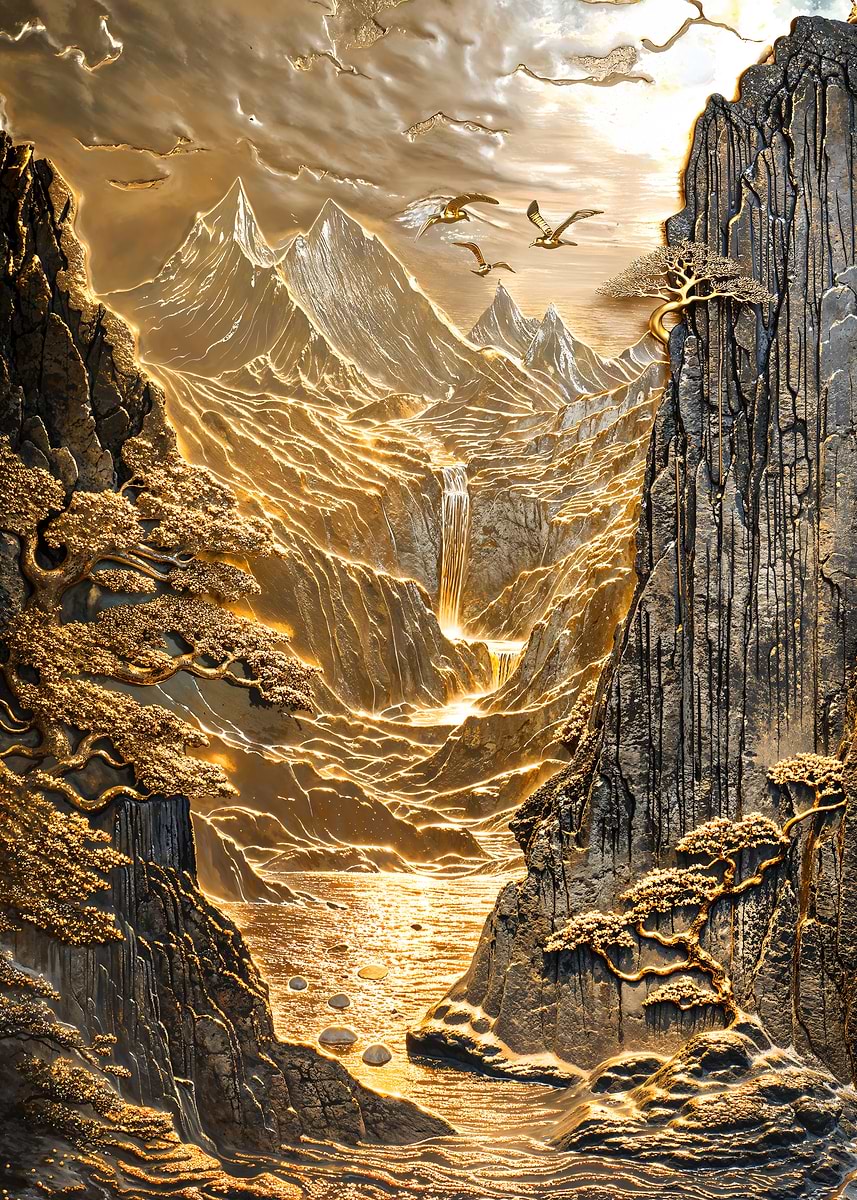 Gold Coast Mountain Landscape — from the Precious Metal Reforged collection, a Pixaverse metal print