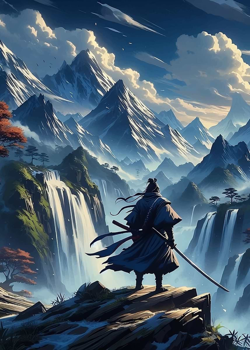 Samurai in Mountain Landscape' Poster, picture, metal print, paint