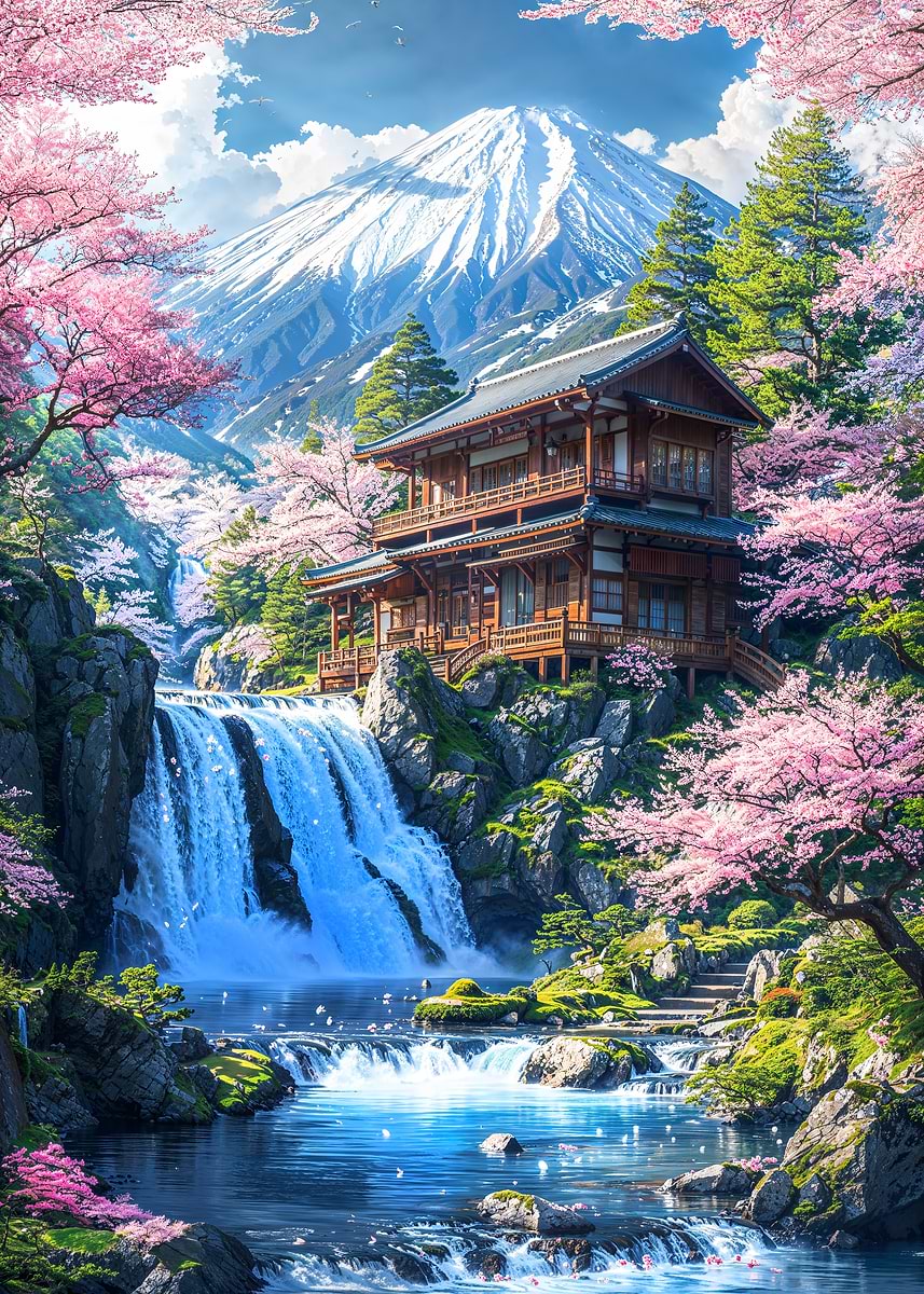 Mount Fujis Peaceful Retreat — from the Soul Of Japan collection, a Pixaverse metal print
