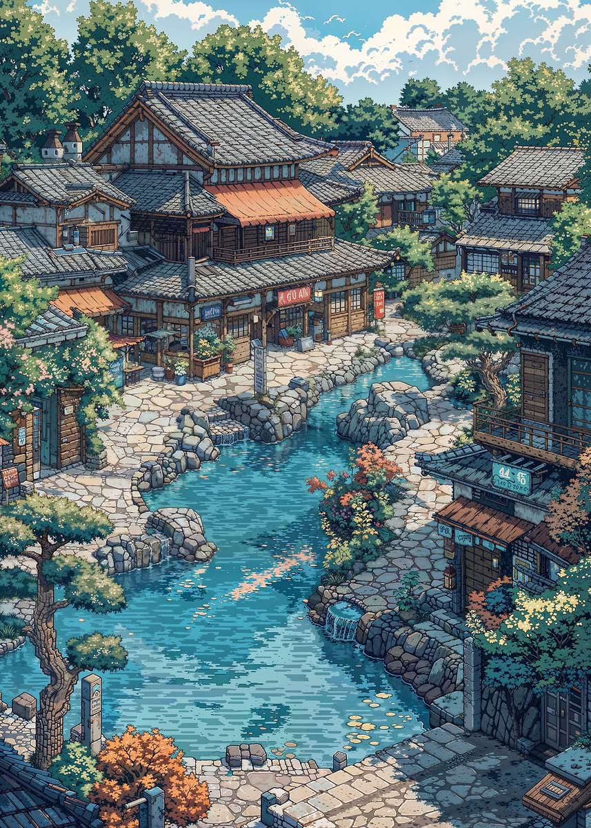 Japanese Village Anime Scene' Poster, picture, metal print, paint