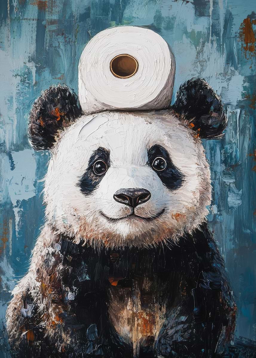 Panda with Toilet Paper' Poster, picture, metal print, paint by