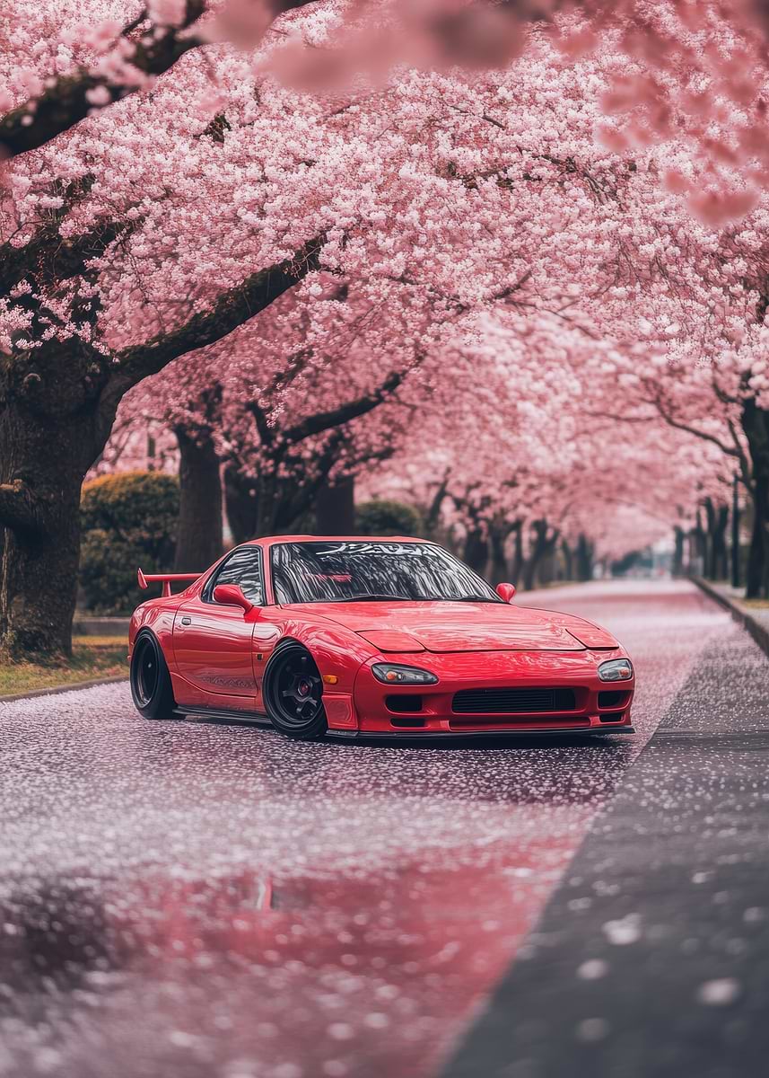 Red Sports Car Under Cherry Blossoms' Poster, picture, metal print