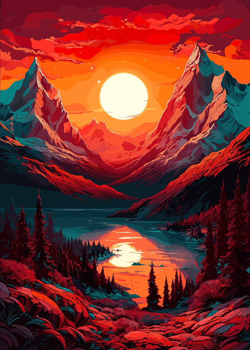 Sunset Mountain Lake' Poster, picture, metal print, paint by