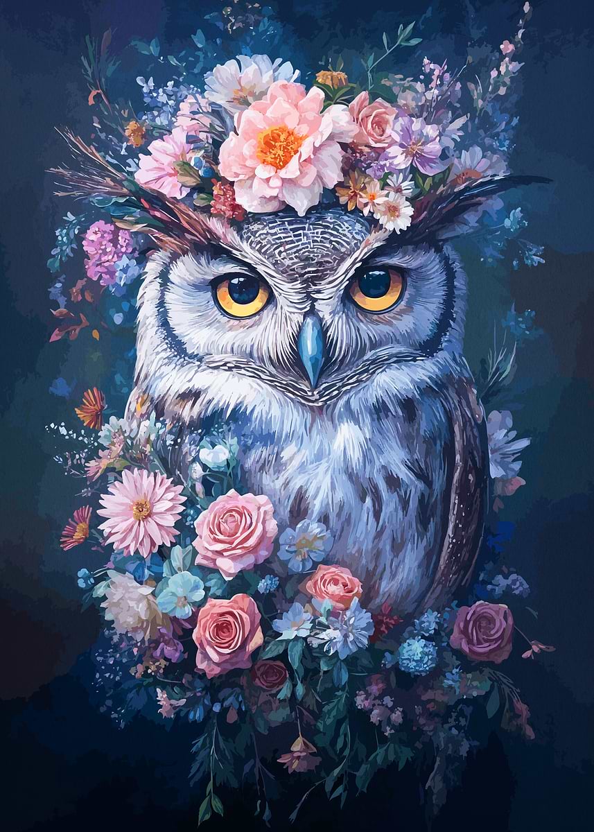 Owl with Floral Crown Poster, Picture & Metal Print – Wildlife Art