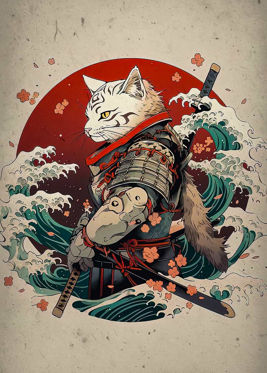 Samurai Cat ' Poster, picture, metal print, paint by Viktor